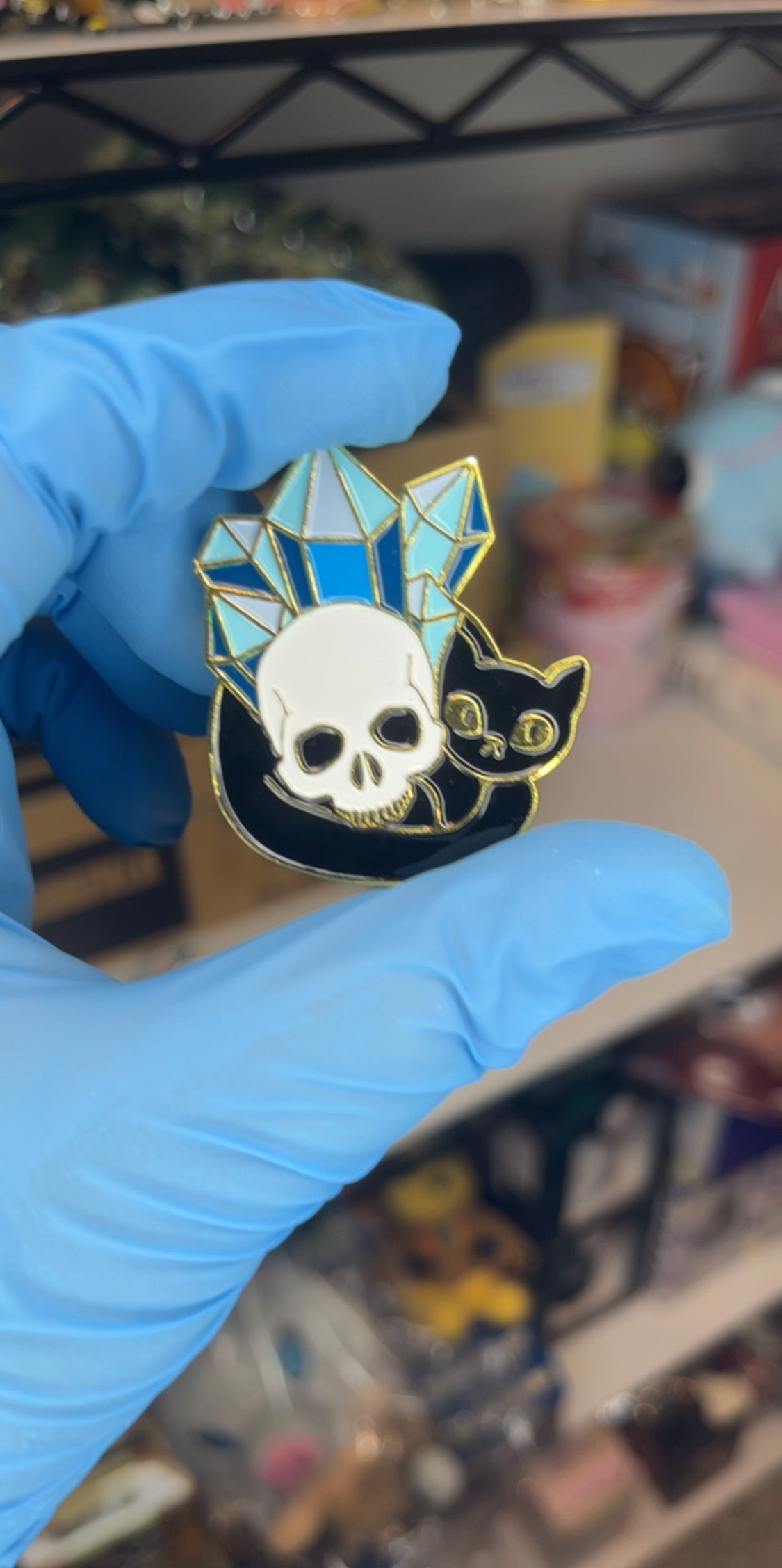 Cat Enamel Pin with Crystals and Skull